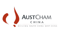 AustCham China logo with red brush strokes.