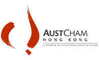 AustCham Hong Kong logo with red brush strokes.