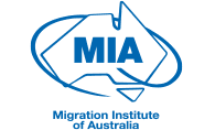 Migration Institute of Australia (MIA) logo in blue. Blue outline of Australia with blue ring encircling it at an angle.